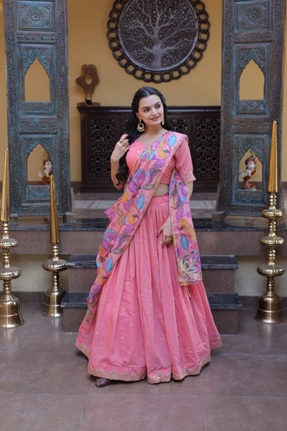 Beautiful Pink Color Zari Sequence Embroidered Lehenga Choli