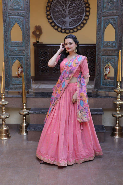 Beautiful Pink Color Zari Sequence Embroidered Lehenga Choli
