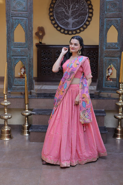 Beautiful Pink Color Zari Sequence Embroidered Lehenga Choli