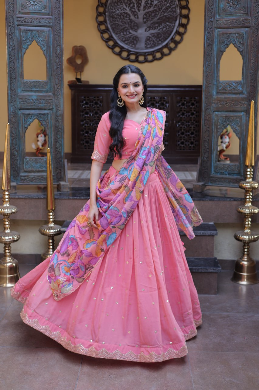 Beautiful Pink Color Zari Sequence Embroidered Lehenga Choli