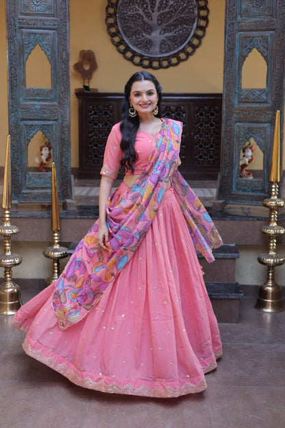 Beautiful Pink Color Zari Sequence Embroidered Lehenga Choli