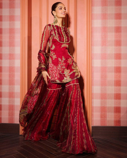 Wedding Wear Orange Soft Organza Mirror Work Sharara Set
