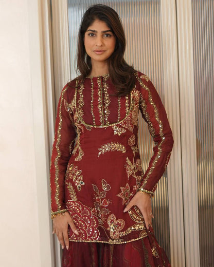Wedding Wear Orange Soft Organza Mirror Work Sharara Set