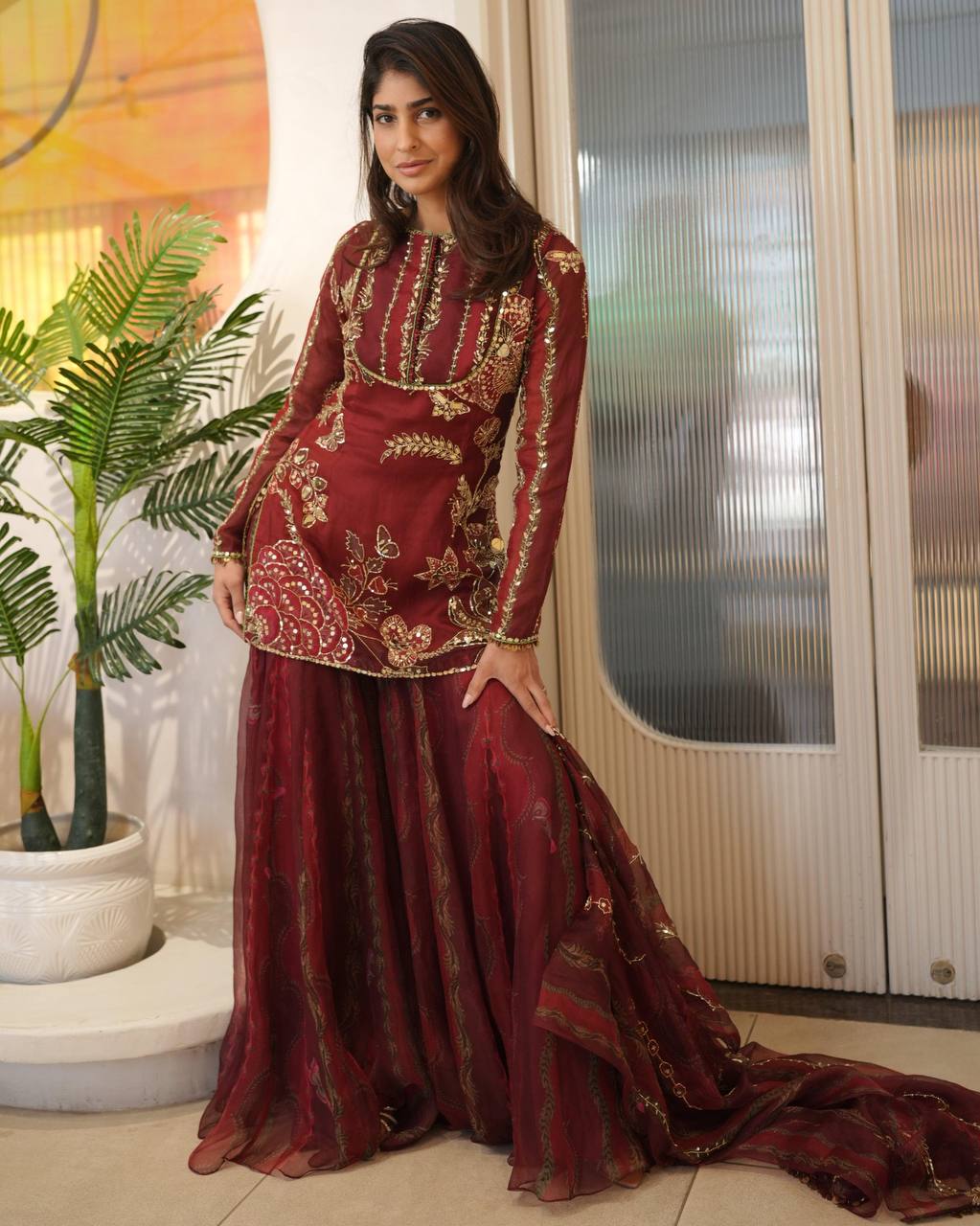 Wedding Wear Orange Soft Organza Mirror Work Sharara Set
