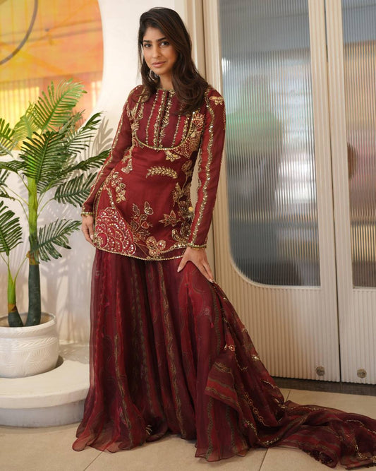 Wedding Wear Orange Soft Organza Mirror Work Sharara Set