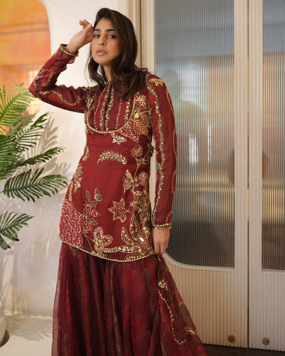 Wedding Wear Orange Soft Organza Mirror Work Sharara Set
