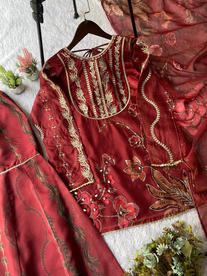 Wedding Wear Orange Soft Organza Mirror Work Sharara Set