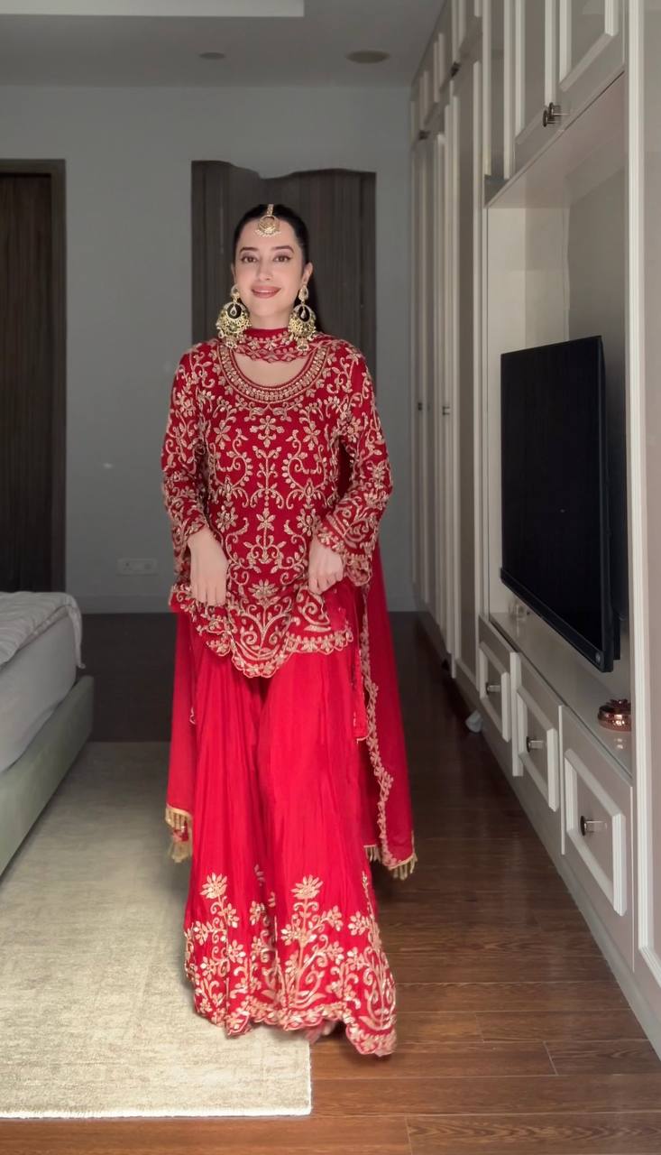 Designer Red Color Faux Georgette Thread Embroidered Sharara Suit