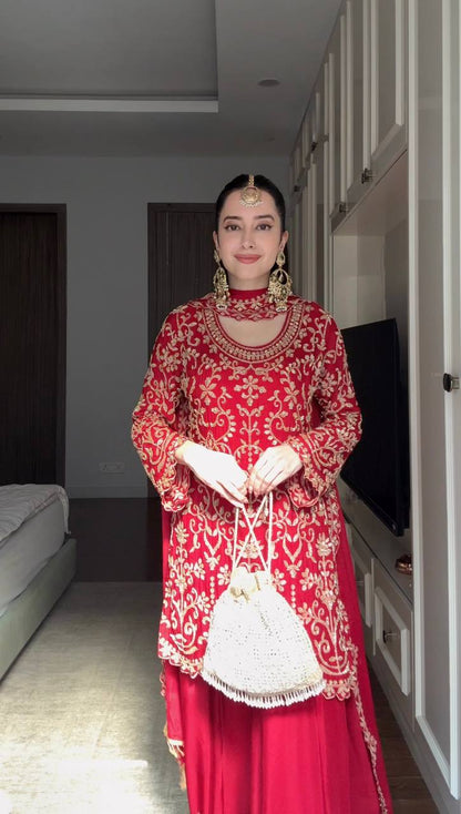 Designer Red Color Faux Georgette Thread Embroidered Sharara Suit
