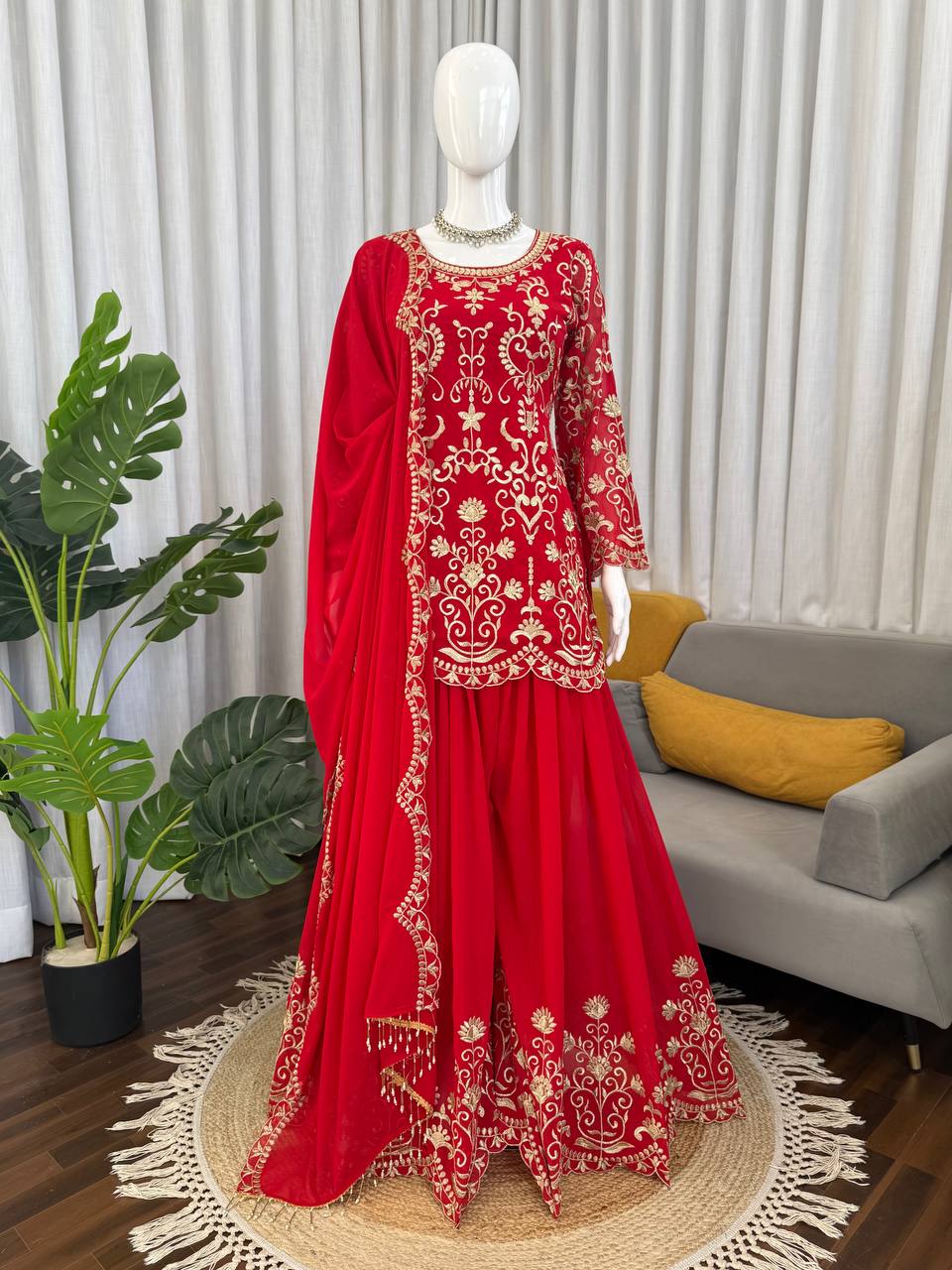 Designer Red Color Faux Georgette Thread Embroidered Sharara Suit