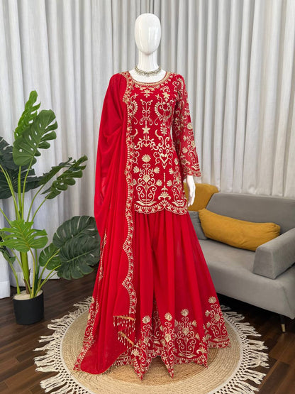 Designer Red Color Faux Georgette Thread Embroidered Sharara Suit