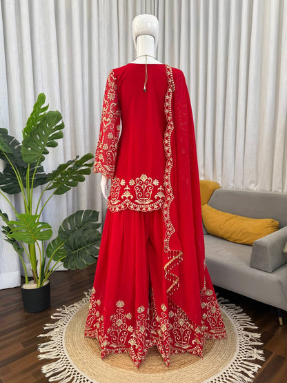 Designer Red Color Faux Georgette Thread Embroidered Sharara Suit