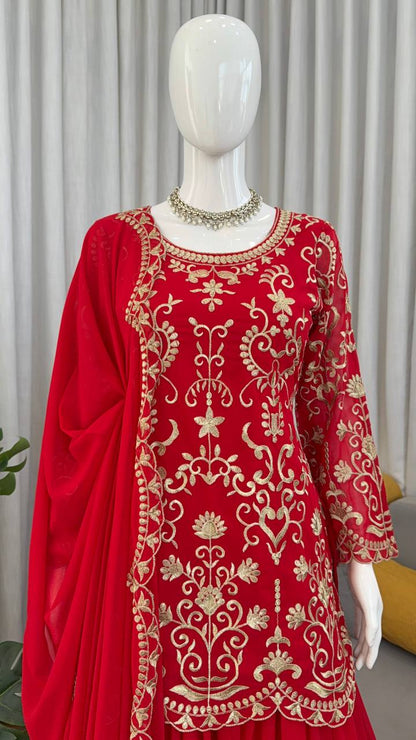 Designer Red Color Faux Georgette Thread Embroidered Sharara Suit