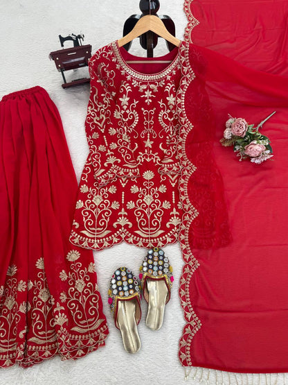 Designer Red Color Faux Georgette Thread Embroidered Sharara Suit
