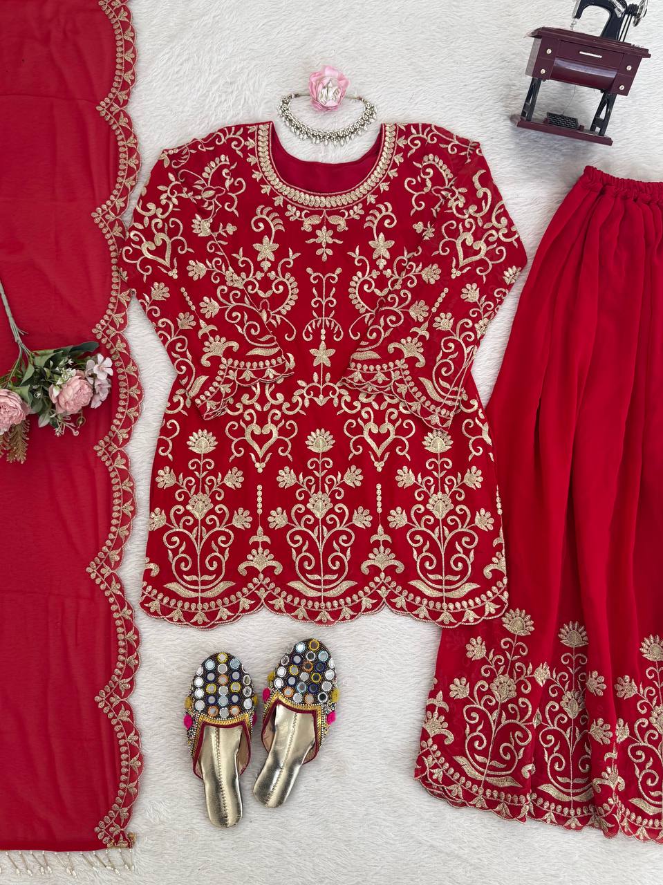 Designer Red Color Faux Georgette Thread Embroidered Sharara Suit