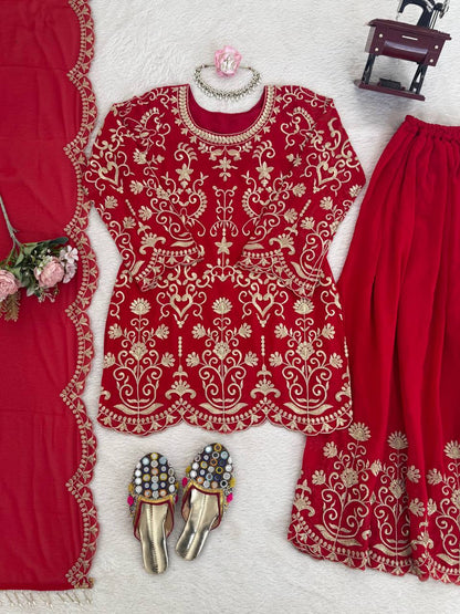 Designer Red Color Faux Georgette Thread Embroidered Sharara Suit
