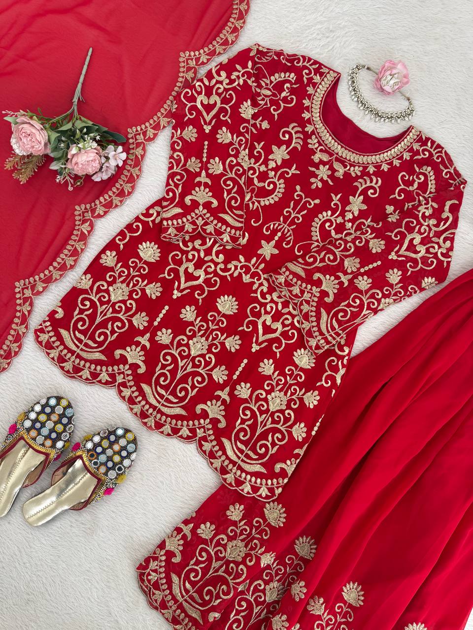 Designer Red Color Faux Georgette Thread Embroidered Sharara Suit