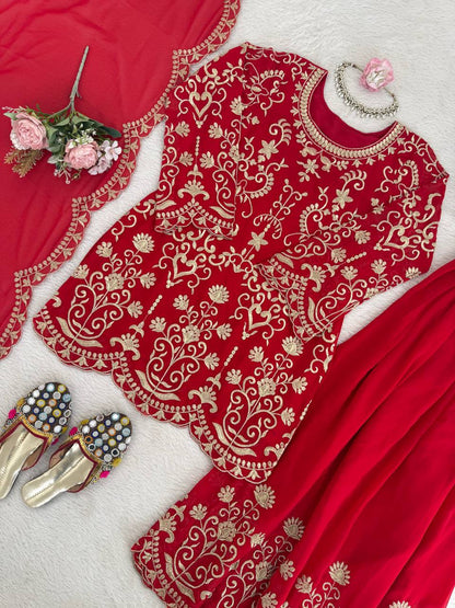 Designer Red Color Faux Georgette Thread Embroidered Sharara Suit