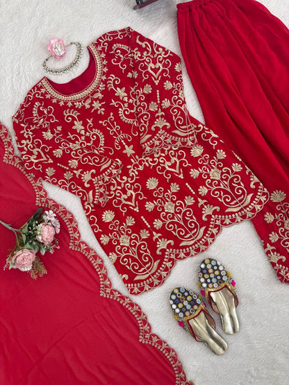 Designer Red Color Faux Georgette Thread Embroidered Sharara Suit