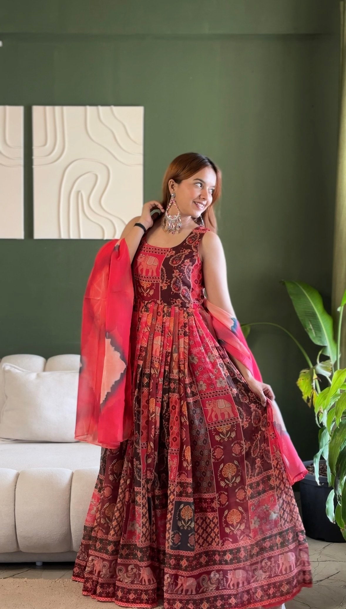 Attractive Maroon Color Soft Organza Patola Printed Gown