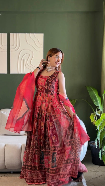 Attractive Maroon Color Soft Organza Patola Printed Gown