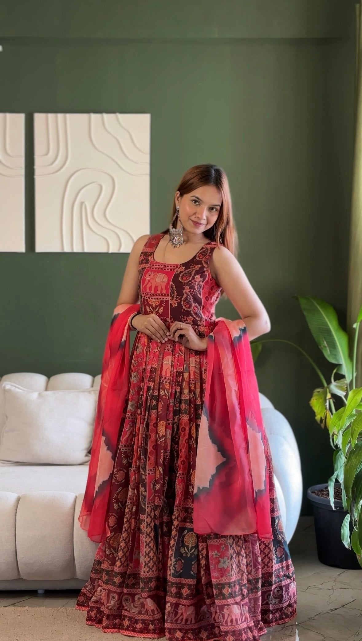 Attractive Maroon Color Soft Organza Patola Printed Gown