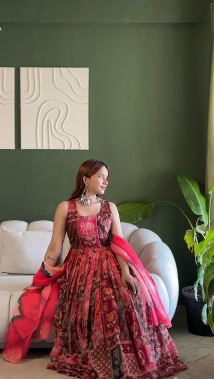 Attractive Maroon Color Soft Organza Patola Printed Gown