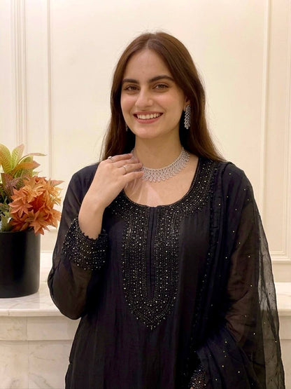 Glorious Black Color Embroidered Beads Work Salwar Suit