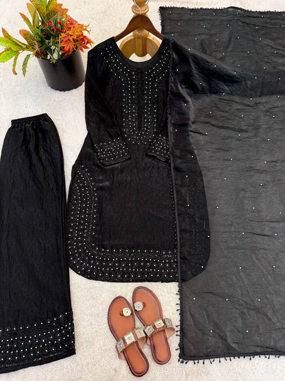 Glorious Black Color Embroidered Beads Work Salwar Suit