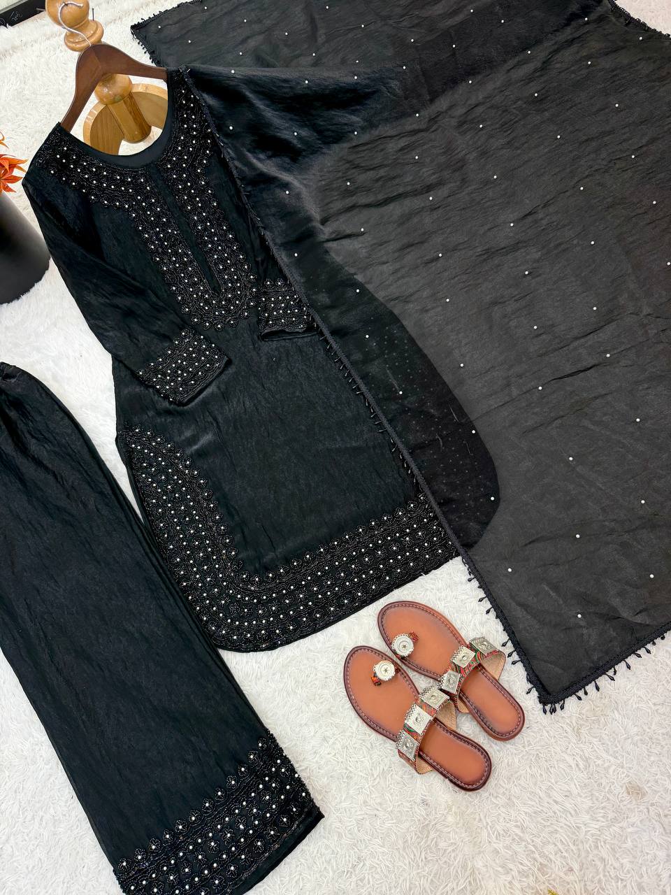 Glorious Black Color Embroidered Beads Work Salwar Suit