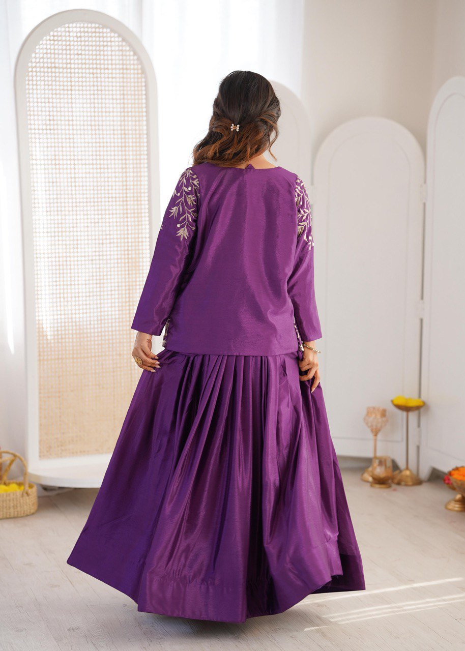 Arti Chauhan Purple Color Chinon Silk Lehenga Set With Koti