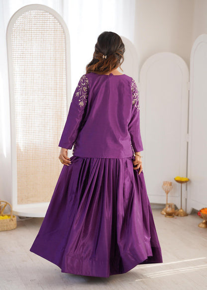 Arti Chauhan Purple Color Chinon Silk Lehenga Set With Koti