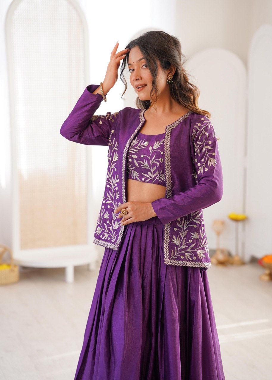 Arti Chauhan Purple Color Chinon Silk Lehenga Set With Koti