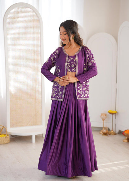 Arti Chauhan Purple Color Chinon Silk Lehenga Set With Koti