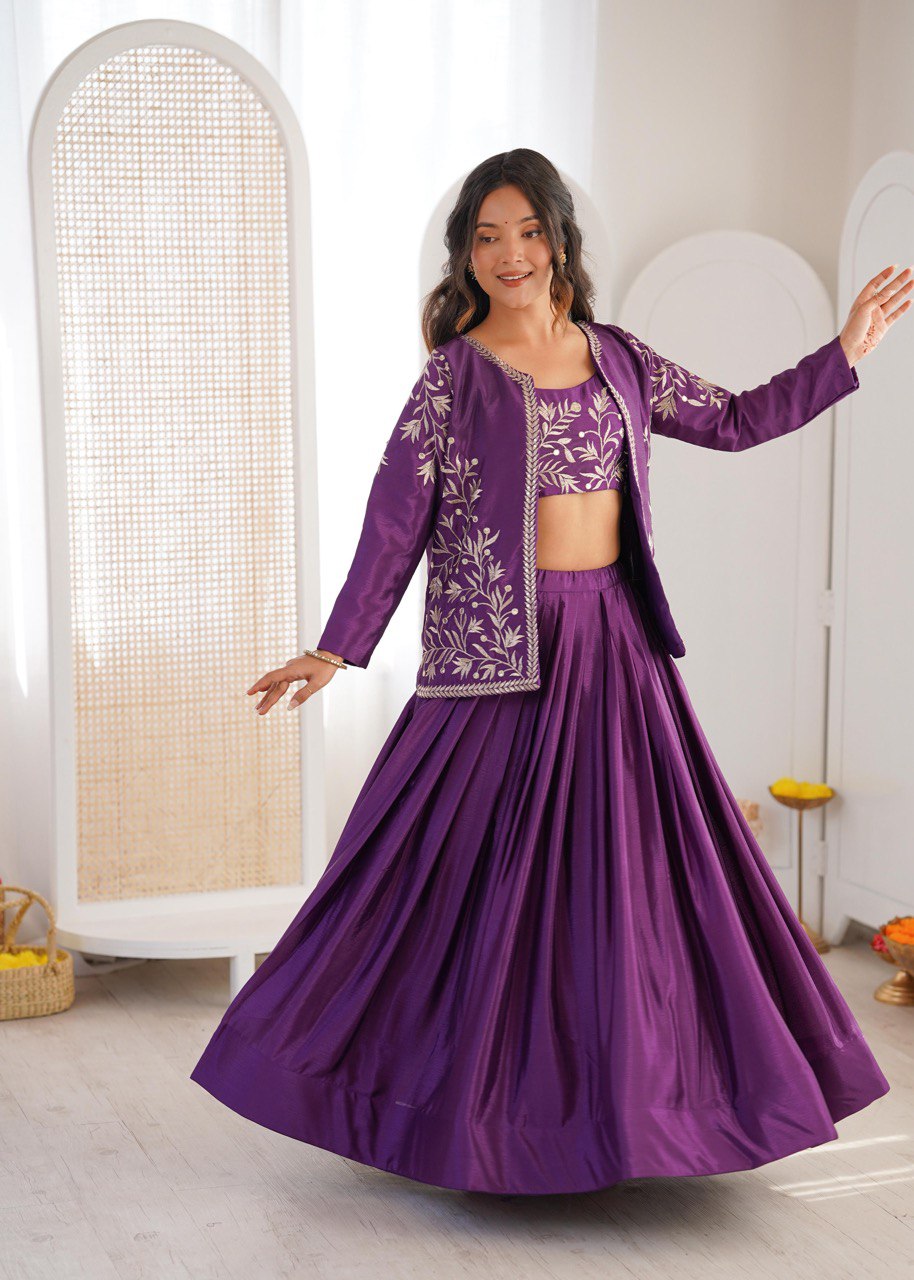 Arti Chauhan Purple Color Chinon Silk Lehenga Set With Koti
