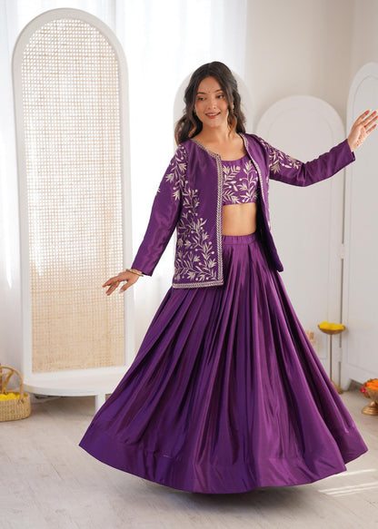 Arti Chauhan Purple Color Chinon Silk Lehenga Set With Koti
