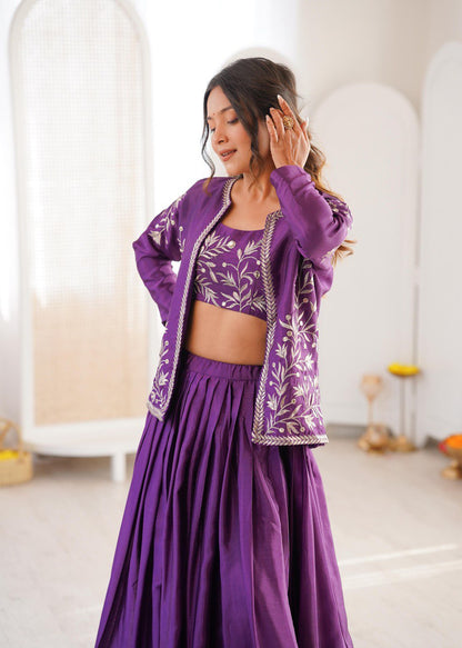 Arti Chauhan Purple Color Chinon Silk Lehenga Set With Koti