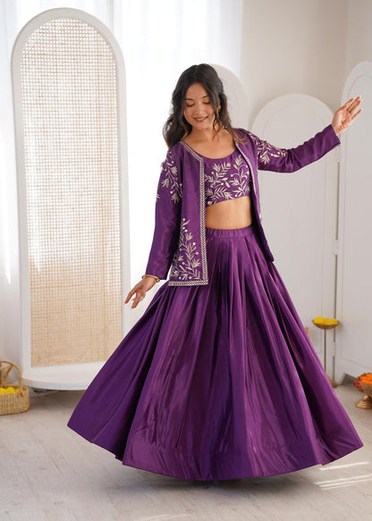 Arti Chauhan Purple Color Chinon Silk Lehenga Set With Koti