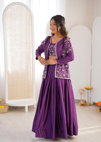 Arti Chauhan Purple Color Chinon Silk Lehenga Set With Koti