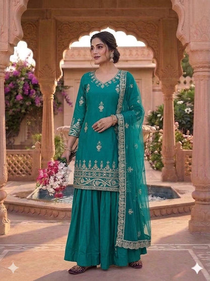 Awesome Green Color Natural Crepe Sequence Embroidered Work Top With Lehenga