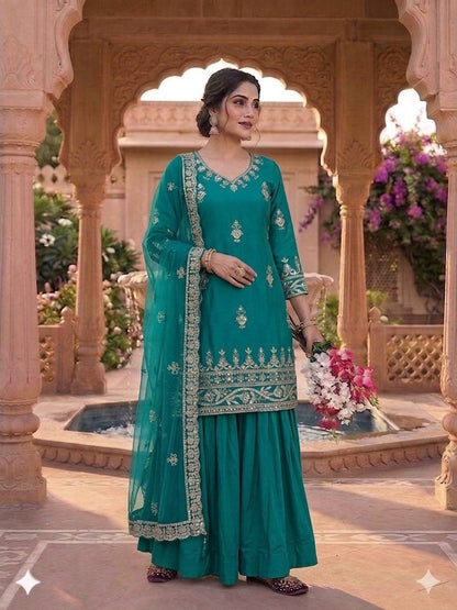 Awesome Green Color Natural Crepe Sequence Embroidered Work Top With Lehenga