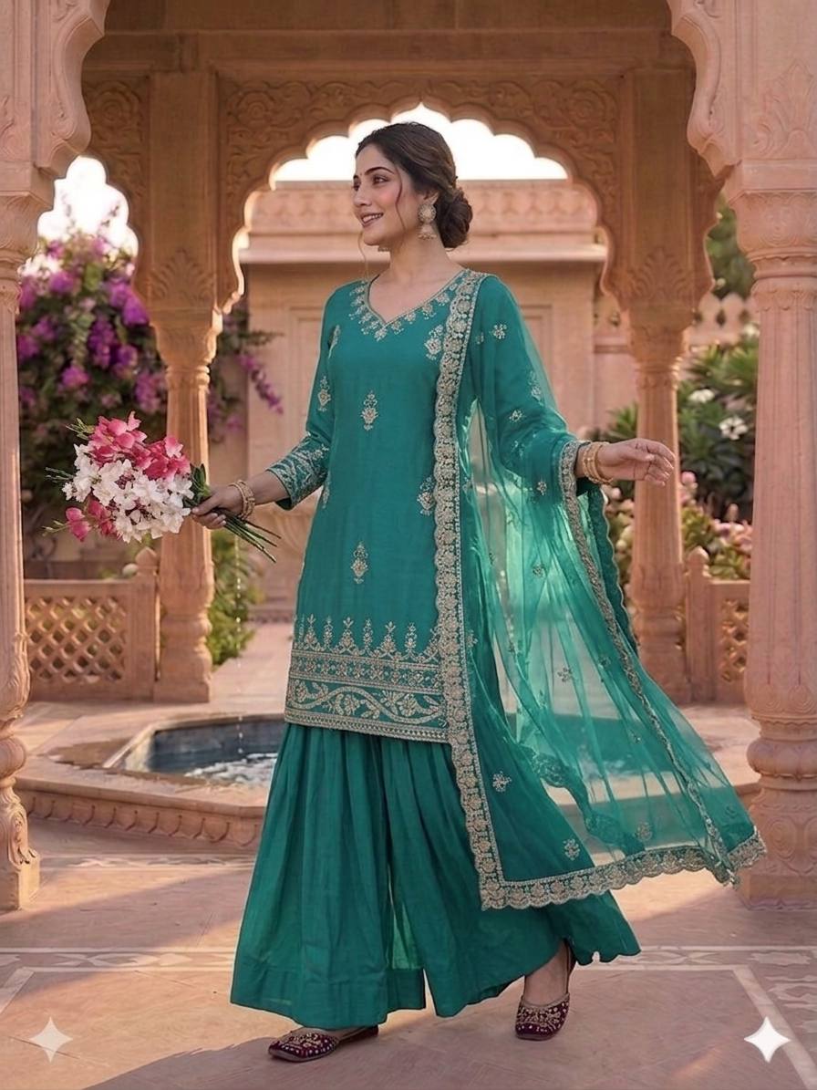 Awesome Green Color Natural Crepe Sequence Embroidered Work Top With Lehenga