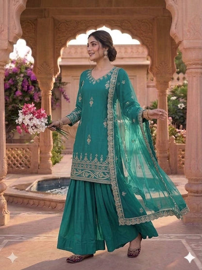 Awesome Green Color Natural Crepe Sequence Embroidered Work Top With Lehenga