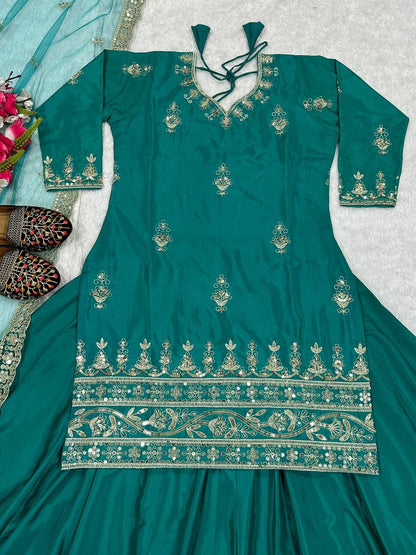 Awesome Green Color Natural Crepe Sequence Embroidered Work Top With Lehenga