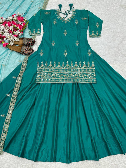 Awesome Green Color Natural Crepe Sequence Embroidered Work Top With Lehenga