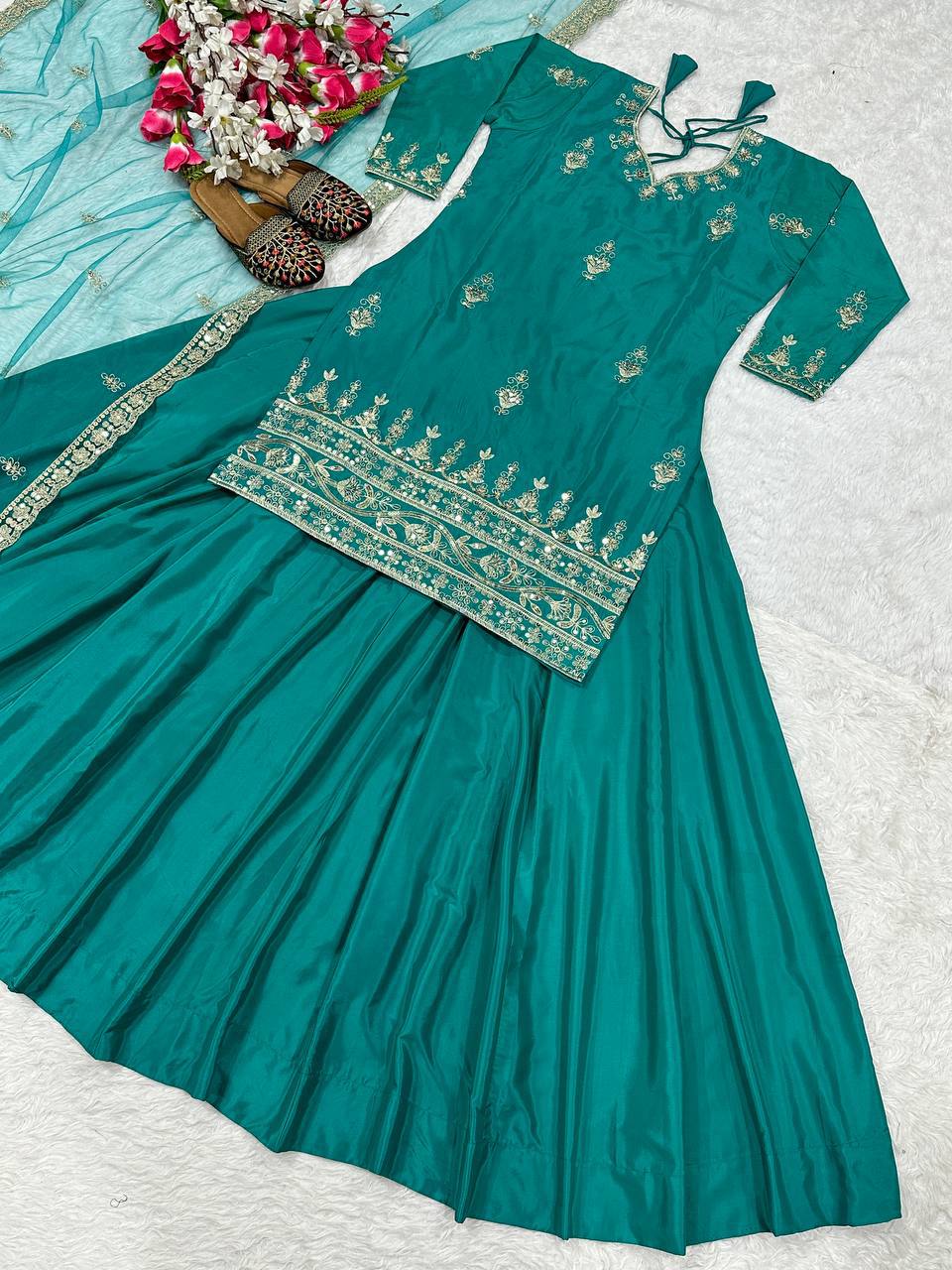 Awesome Green Color Natural Crepe Sequence Embroidered Work Top With Lehenga
