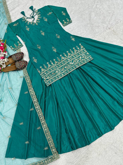 Awesome Green Color Natural Crepe Sequence Embroidered Work Top With Lehenga