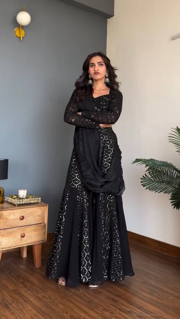Sangeet Wear Black Color Faux Georgette Sequence Embroidered Work Top With Sharara