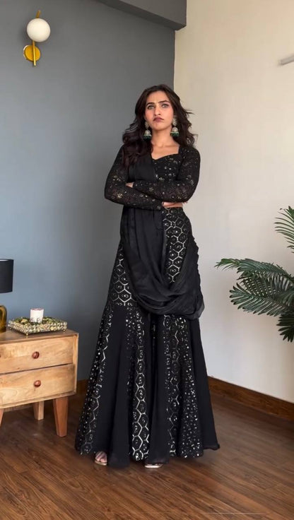 Sangeet Wear Black Color Faux Georgette Sequence Embroidered Work Top With Sharara