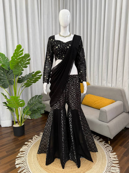 Sangeet Wear Black Color Faux Georgette Sequence Embroidered Work Top With Sharara